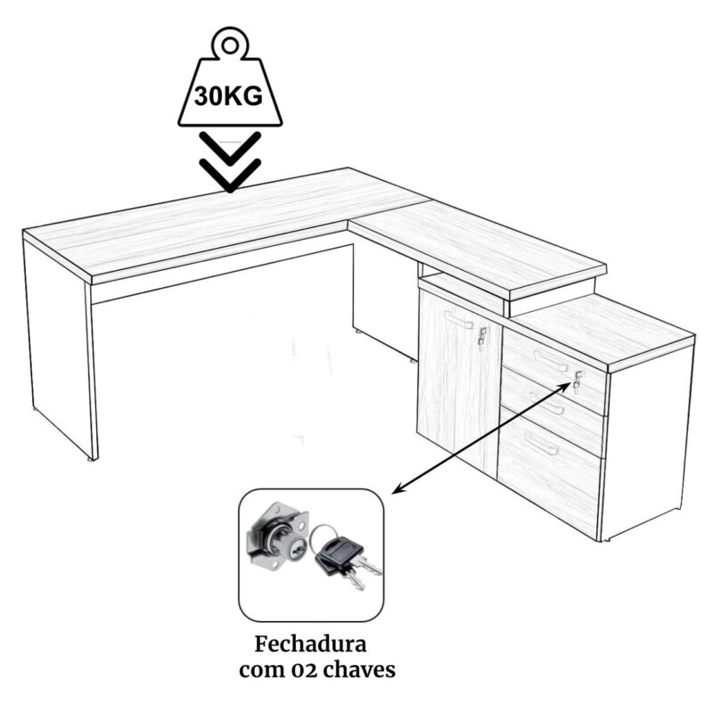 Mesa Escritório em “L” – 1,50×1,50m (Extensível) – com Armário Misto (03 Gav.) NOGAL/SEVILHA – 20603 MÓVEIS PADRÃO 3