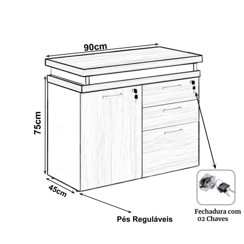 Mesa Escritório em “L” – 1,50×1,50m (Extensível) – com Armário Misto (03 Gav.) NOGAL/SEVILHA – 20603 MÓVEIS PADRÃO 4