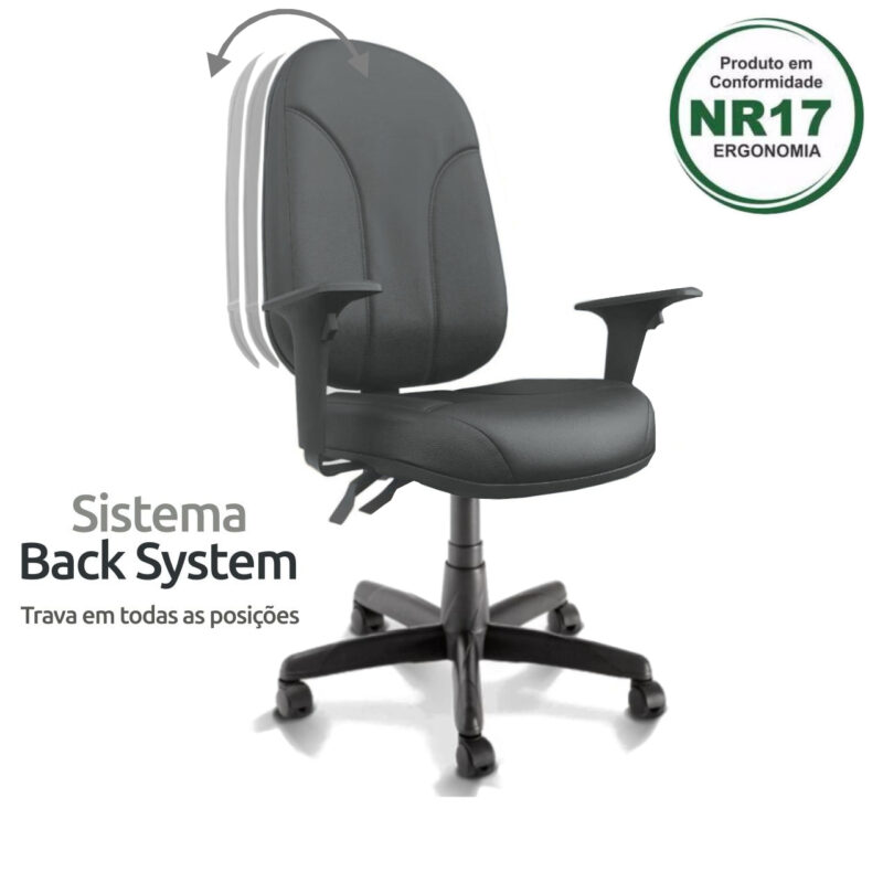 Cadeira Presidente PLUS BACK SYSTEM Baixa Costurada c/ Braços Reguláveis – Corino Preto 32974 MÓVEIS PADRÃO 3