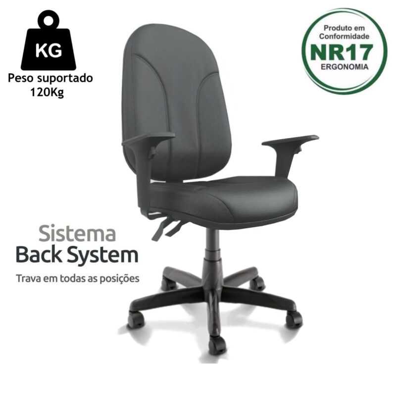 Cadeira Presidente PLUS BACK SYSTEM Baixa Costurada c/ Braços Reguláveis – Corino Preto 32974 MÓVEIS PADRÃO 4