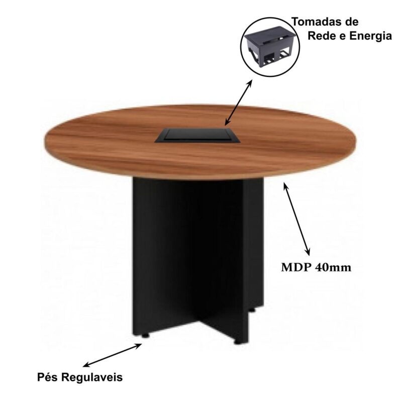 Mesa de Reunião Redonda c/ Caixa de Tomadas -1,10×1,10×0,74m – NOGAL SEVILHA / PRETO – 21418 MÓVEIS PADRÃO 3