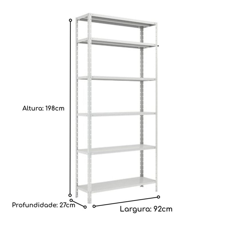 Estante de Aço com 06 Bandejas 27 cm (# 26/20) – 1,98×0,92×0,27m – W3 -16002 MÓVEIS PADRÃO 3