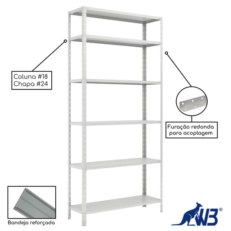 Estante de Aço com 06 Bandejas 30 cm (24/18) – 1,98×0,92×0,30m – Cinza – W3 – 16007 MÓVEIS PADRÃO 6