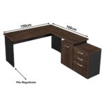 Mesa Escritório em “L” – 1,50×1,50m (Extensível) – com Armário Misto (03 Gav.) MARSALA/PRETO – 23482 MÓVEIS PADRÃO 9