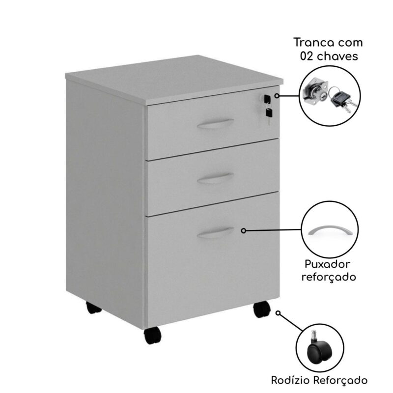 Gaveteiro Volante 03 Gav. 0,67×0,46×0,40m – Cor Cinza 21210 MÓVEIS PADRÃO 4