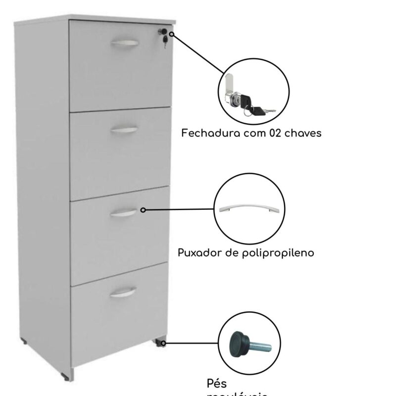 Arquivo 04 Gavetas Pasta Suspensa – MDP – 1,32×0,46×0,42m CINZA/CINZA – 21211 MÓVEIS PADRÃO 4