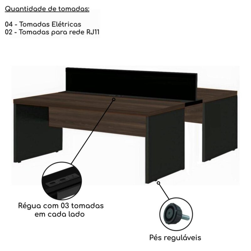 Estação de Trabalho Dupla 1,20×1,35m 02 Lugares S/ Gavetas c/ ponto de tomada MARSALA/PRETO – 63089 MÓVEIS PADRÃO 5