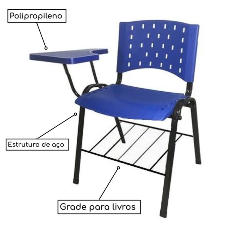 Cadeira Universitária PRANCHETA PLÁSTICA com Porta Livros – Cor Azul 32019 MÓVEIS PADRÃO 3