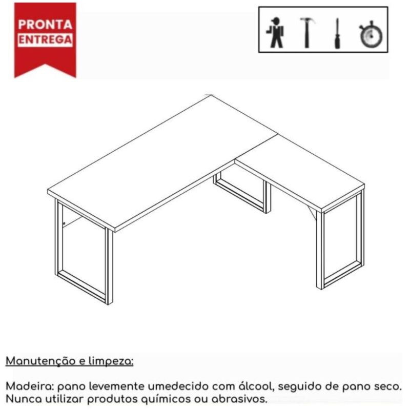 Mesa em L PÉ QUADRO (Mesa 1,70m + Mesa Auxiliar) – S/ Gavetas NOGAL SEVILHA/PRETO – 24478 MÓVEIS PADRÃO 3