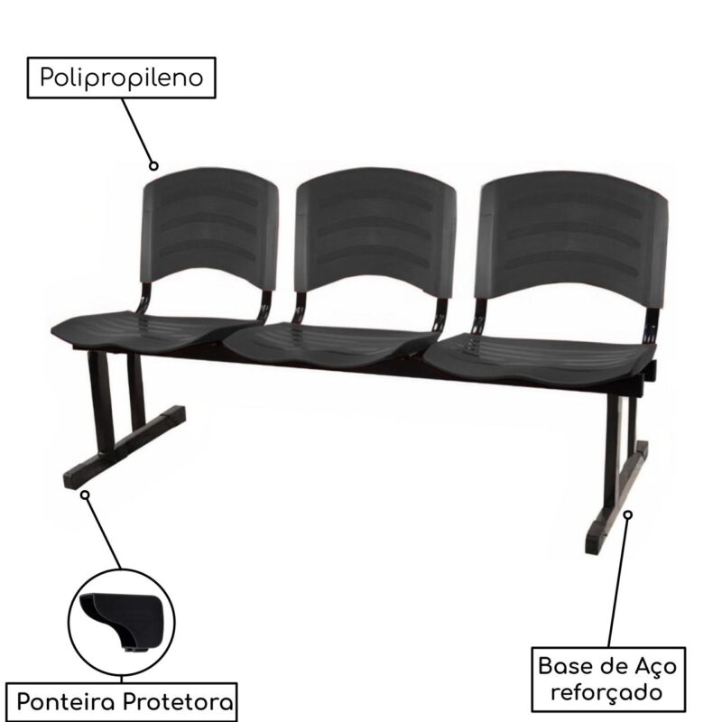 Cadeira Longarina PLÁSTICA 03 Lugares – Cor PRETO 33021 MÓVEIS PADRÃO 3