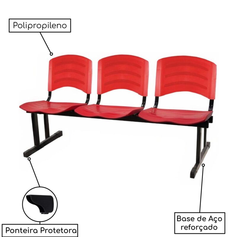 Kit 05 Cadeiras Longarinas PLÁSTICAS 03 Lugares – Cor Vermelho 33043 MÓVEIS PADRÃO 4