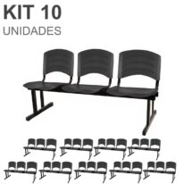 Kit 10 Cadeiras Longarinas PLÁSTICA 03 Lugares – Cor PRETO 33039 MÓVEIS PADRÃO