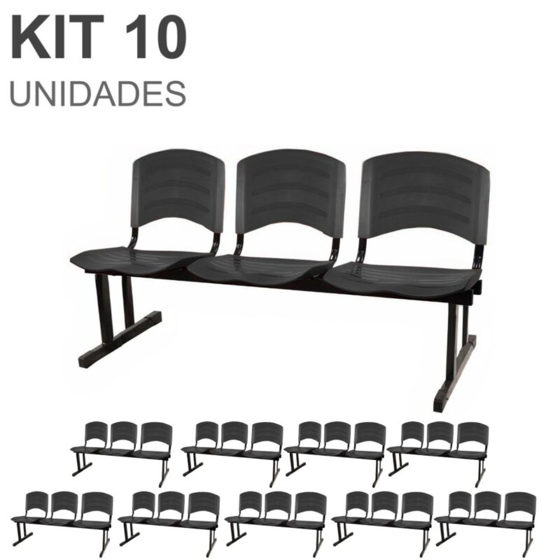 Kit 10 Cadeiras Longarinas PLÁSTICA 03 Lugares – Cor PRETO 33039 MÓVEIS PADRÃO 2