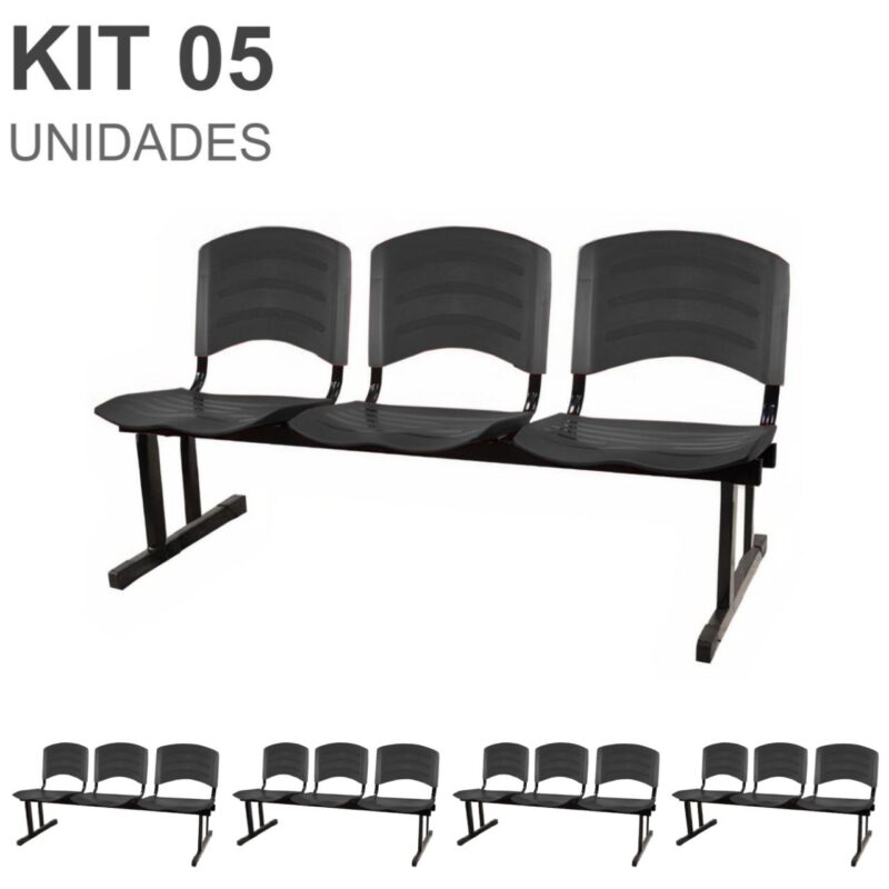 Kit 05 Cadeiras Longarinas PLÁSTICA 03 Lugares – Cor PRETO 33034 MÓVEIS PADRÃO 2