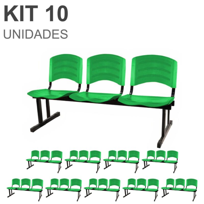 Kit 10 Cadeiras Longarinas PLÁSTICAS 03 Lugares – Cor Verde 33066 MÓVEIS PADRÃO 2