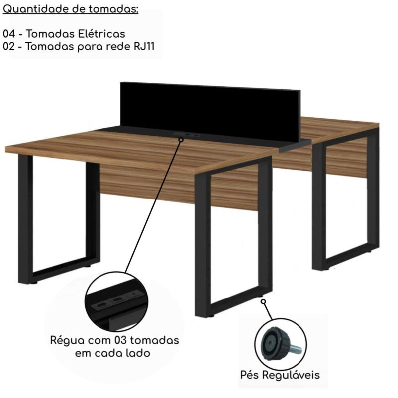 Estação de Trabalho Dupla 1,20×1,35m 02 Lugares s/ Gavetas c/ ponto de tomada PÉ QUADRO – Cor Nogal Sevilha – 63096 MÓVEIS PADRÃO 4