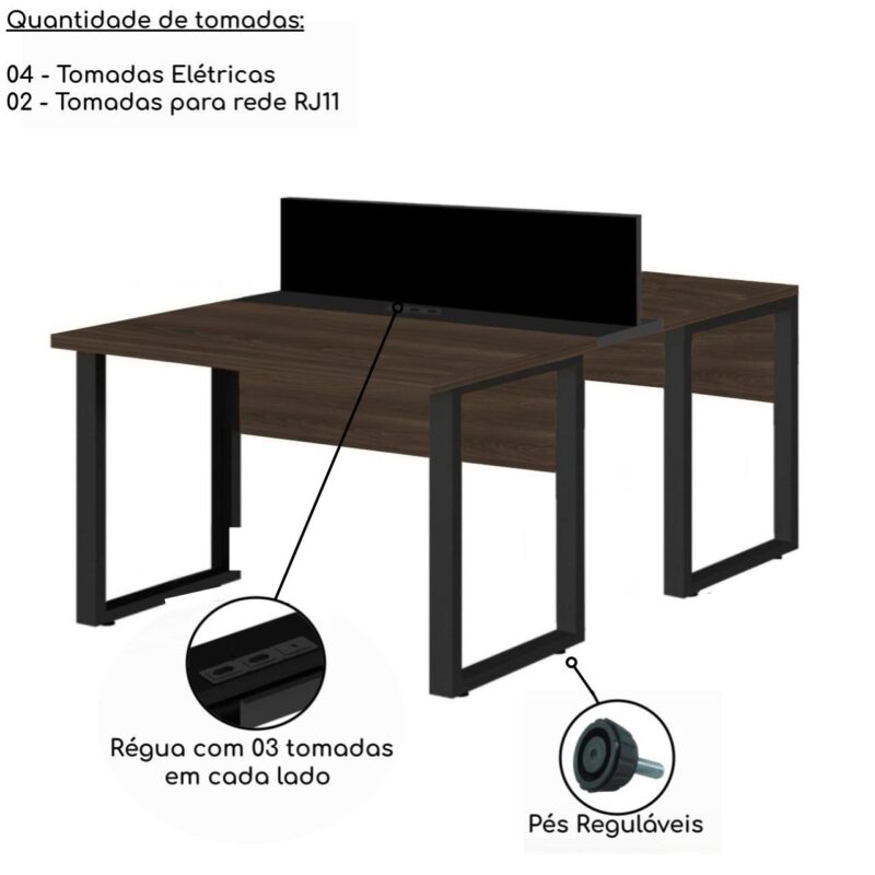 Mesa Estação de Trabalho Dupla 1,50×1,35m 2 Lugares c/ Gavetas c/ ponto de tomada PÉ QUADRO MARSALA/PRETO – 64003 MÓVEIS PADRÃO 5