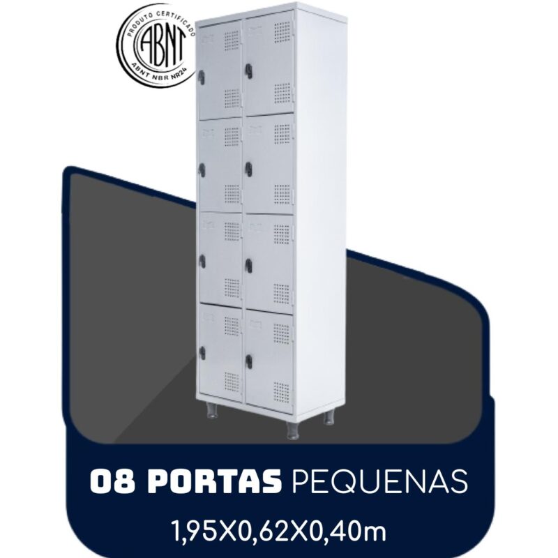 Armário Roupeiro de Aço c/ 08 Portas PEQUENAS 1,95×0,62×0,40m – SA – Cinza – 14002 MÓVEIS PADRÃO 2