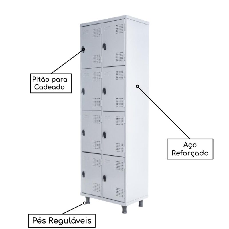 Armário Roupeiro de Aço c/ 08 Portas PEQUENAS 1,95×0,62×0,40m – SA – Cinza – 14002 MÓVEIS PADRÃO 3