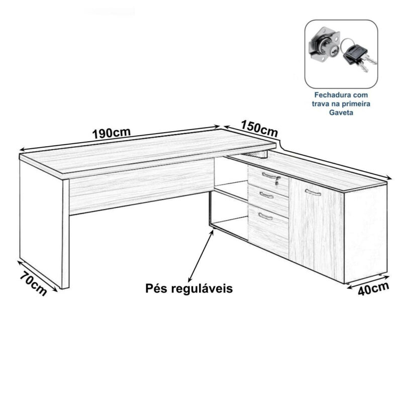 Mesa Escritório Diretorzinha c/ Aparador – Pé de MADEIRA – 1,90×1,60m MARSALA / PRETO / PRETO – 23487 MÓVEIS PADRÃO 3